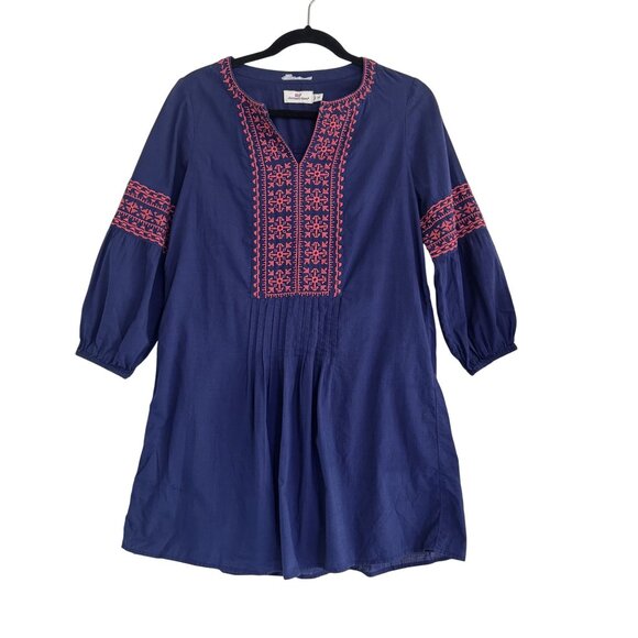 Vineyard Vines Dresses & Skirts - Vineyard Vines Womens Blue & Pink Embroidered 3/4 Sleeve Mini Dress Size XS